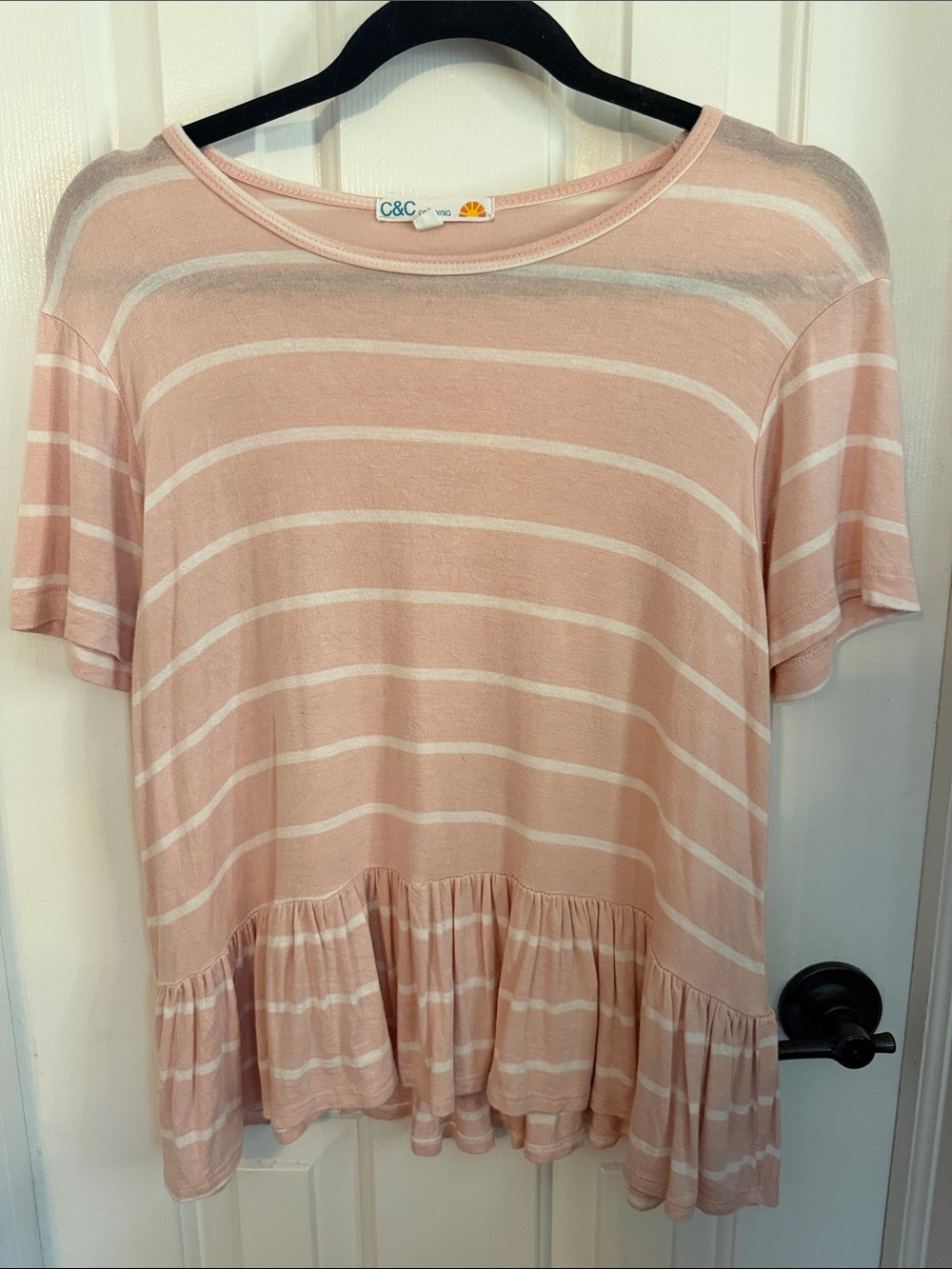 C&C California Blush and White Striped Ruffle-Hem Tunic
